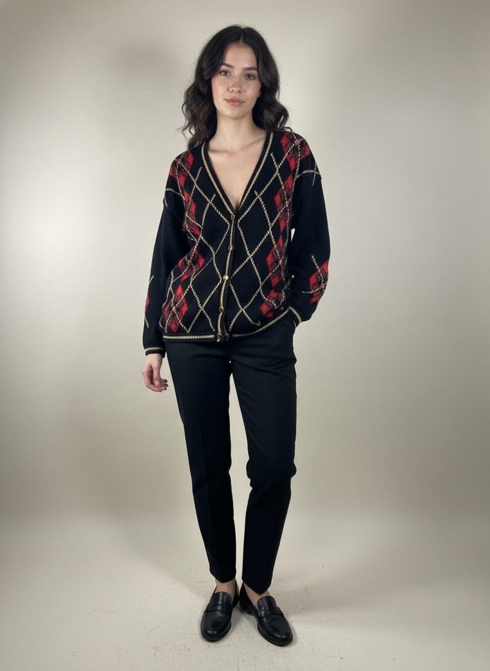 Vintage Hand Embroidered Argyle Holiday Grandpa Button-Front Cardigan Sweater